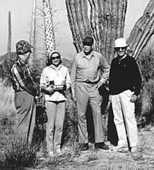 Black and white photo of Charles Lindbergh and group in front of Cardon in Baja California